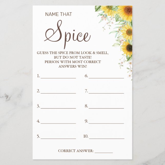 Sunflower Name that Spice Bridal shower game card (Front)