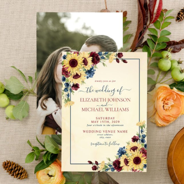 Sunflower Navy Blue Burgundy Floral Photo Wedding Invitation (Creator Uploaded)