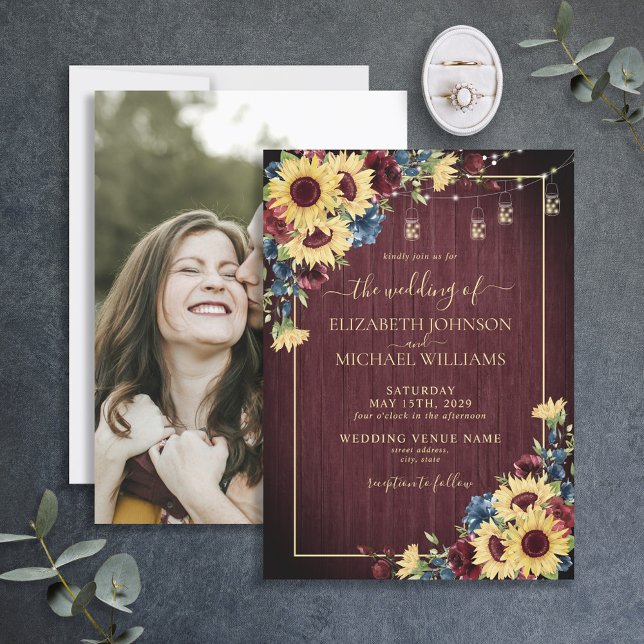 Sunflower Navy Blue Burgundy Floral Wood Photo Invitation (Creator Uploaded)