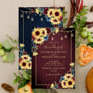 Sunflower Navy Blue Burgundy Floral Wood Wedding Invitation