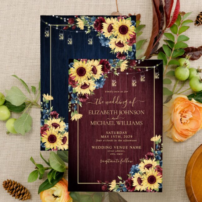 Sunflower Navy Blue Burgundy Floral Wood Wedding Invitation (Creator Uploaded)