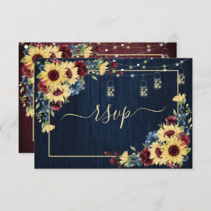 Sunflower Navy Blue Burgundy Wood Floral +Menu RSVP Card