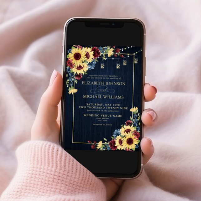 Sunflower Navy Blue Burgundy Wood Floral Photo Invitation (Creator Uploaded)