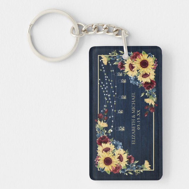 Sunflower Navy Blue Burgundy Wood Floral Photo Key Ring (Front)