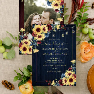 Sunflower Navy Blue Burgundy Wood Floral Photo v1 Invitation