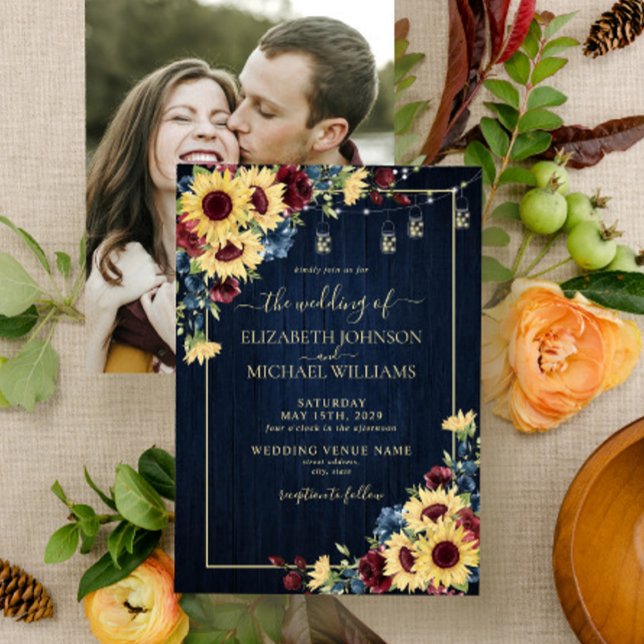 Sunflower Navy Blue Burgundy Wood Floral Photo v2 Invitation (Creator Uploaded)