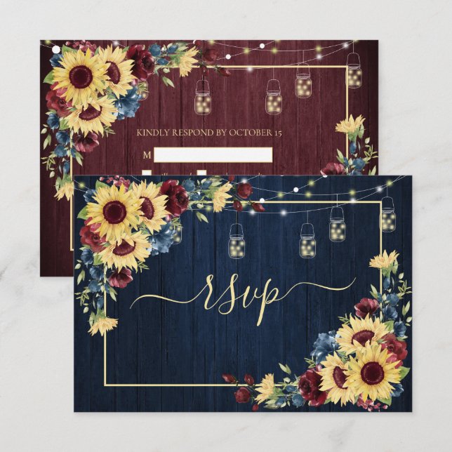 Sunflower Navy Blue Burgundy Wood Floral RSVP Card (Front/Back)