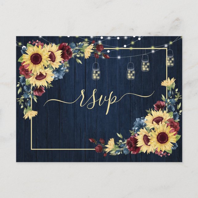 Sunflower Navy Blue Burgundy Wood Floral RSVP Invitation Postcard (Front)