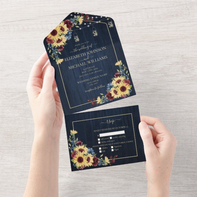 Sunflower Navy Blue Burgundy Wood Floral Wedding All In One Invitation (Tearaway)