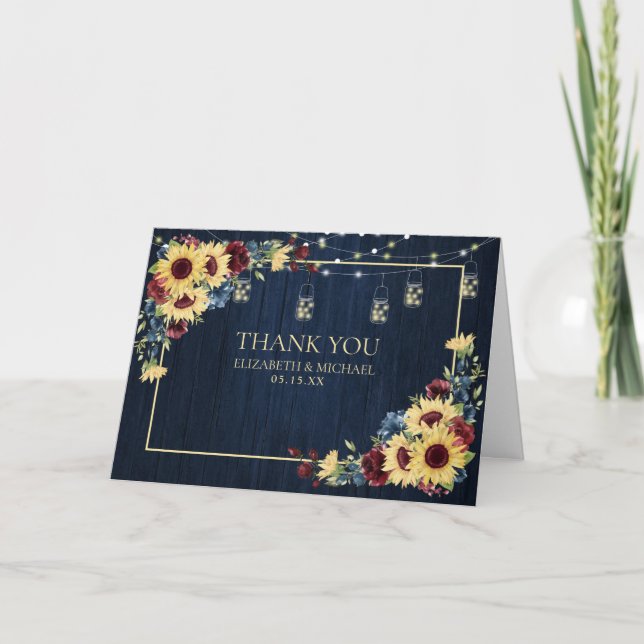 Sunflower Navy Blue Burgundy Wood Floral Wedding Card (Front)