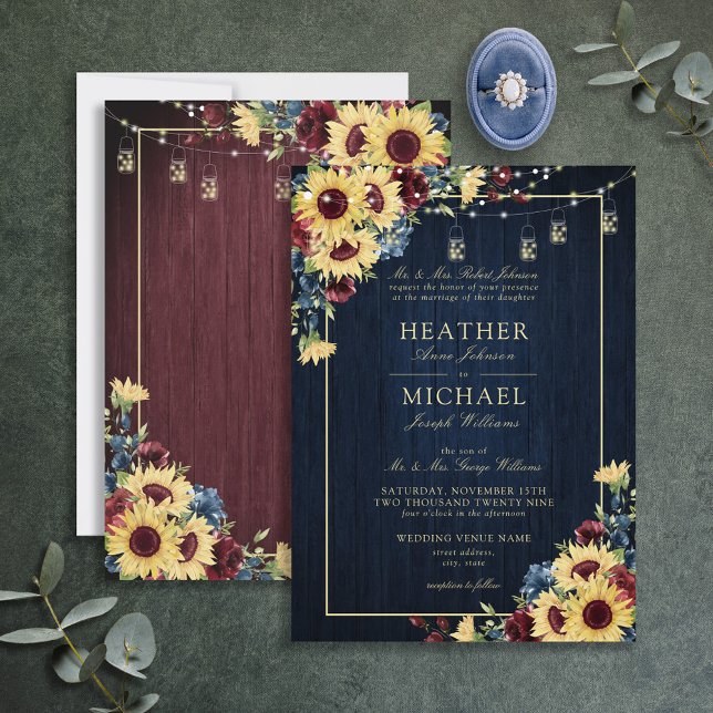 Sunflower Navy Blue Burgundy Wood Floral Wedding I Invitation (Creator Uploaded)