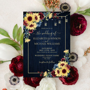 Sunflower Navy Blue Burgundy Wood Floral Wedding Invitation