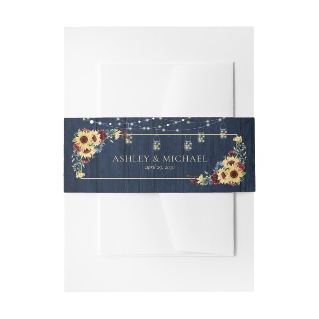 Sunflower Navy Blue Burgundy Wood Floral Wedding Invitation Belly Band (Front Example)