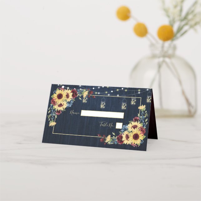 Sunflower Navy Blue Burgundy Wood Floral Wedding Place Card (Front)