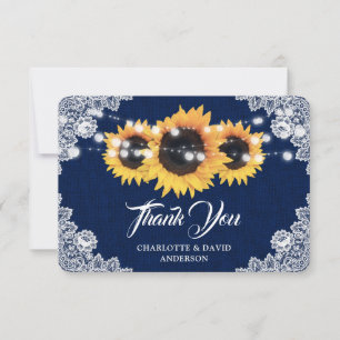 Sunflower Navy Blue Burlap Floral Lace Wedding Thank You Card