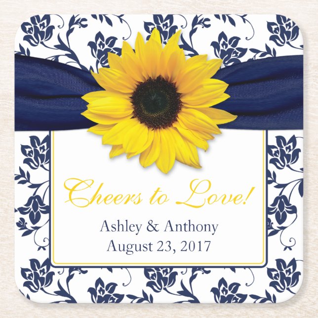 Sunflower Navy Blue Damask Personalised Wedding Square Paper Coaster (Front)