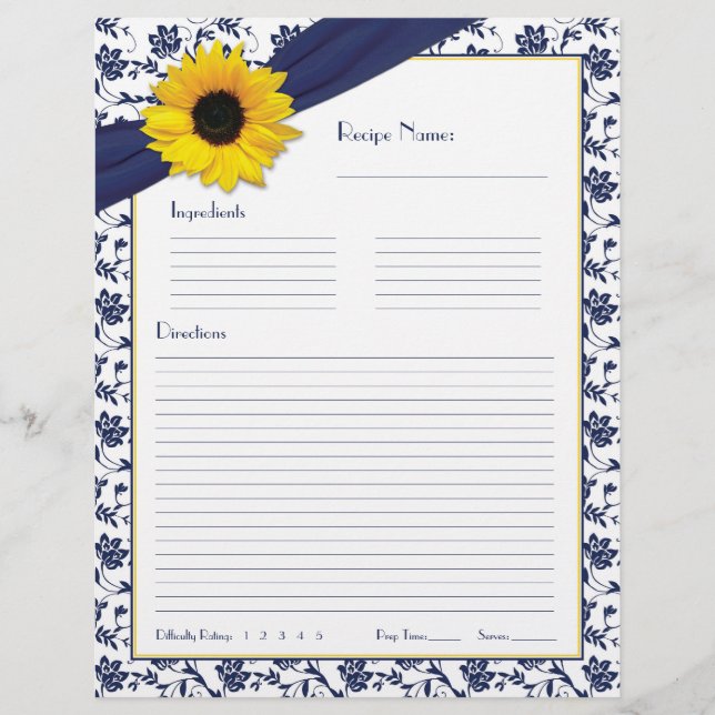Sunflower Navy Blue Floral Binder Recipe Inserts (Front)