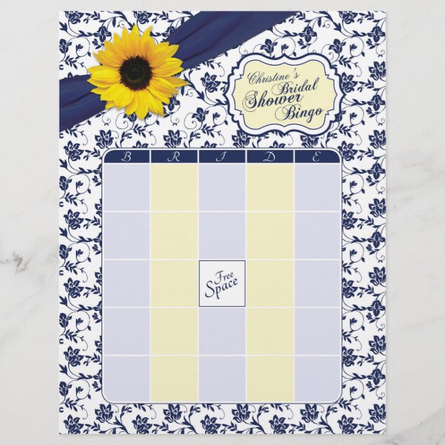 Sunflower Navy Blue Floral Bridal Shower Bingo (Front)