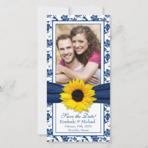 Sunflower Navy Blue Floral Damask Wedding Save The Date
