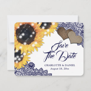 Sunflower Navy Blue Floral Lace Rustic Wedding Announcement