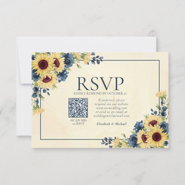 Sunflower Navy Blue Floral QR Code Wedding RSVP Card (Front)