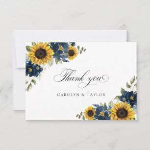 Sunflower Navy Blue Floral Rustic Wedding Thank You Card