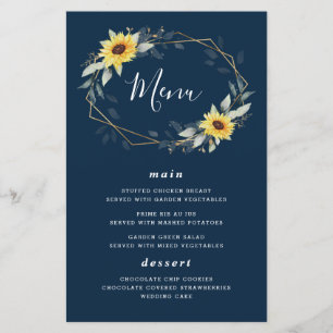 Sunflower Navy Blue Geometric Wedding Menu Cards
