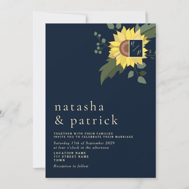 Sunflower Navy Blue Gold Modern Wedding Invite (Front)