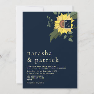 Sunflower Navy Blue Gold Modern Wedding Invite