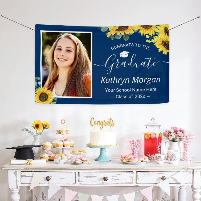 Sunflower Navy Blue Graduation Party Photo Banner (Creator Uploaded)