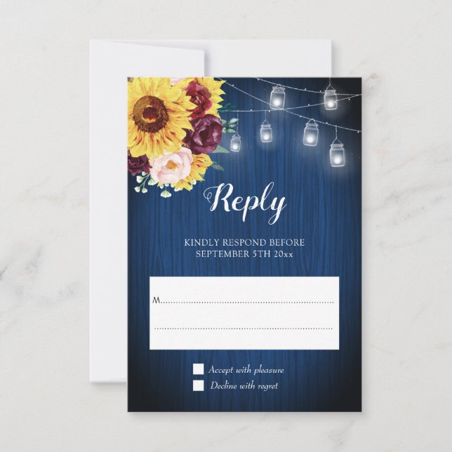 Sunflower Navy Blue Jar Lights Floral Wedding RSVP Card (Front)