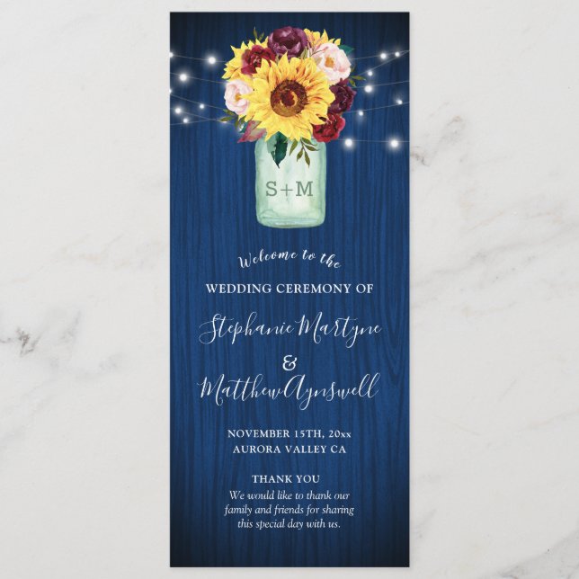 Sunflower Navy Blue Mason Jar Floral Wedding Programme (Front)