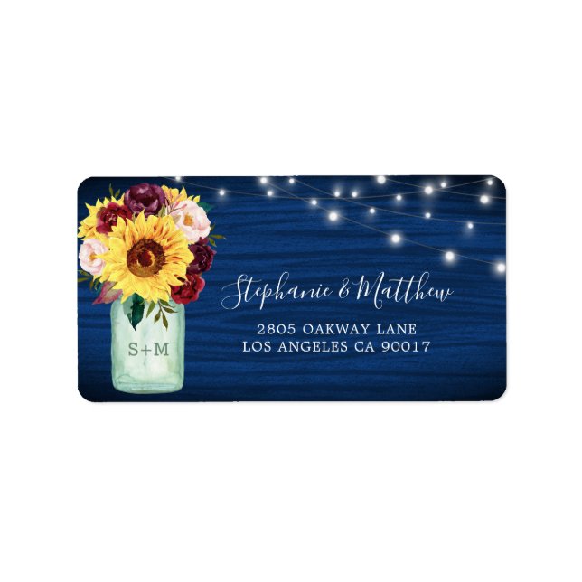 Sunflower Navy Blue Mason Jar Lights Address Label (Front)