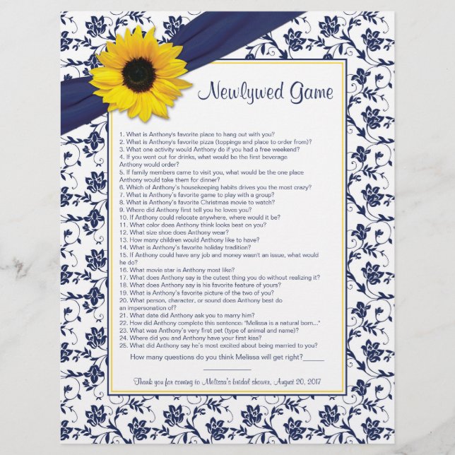 Sunflower Navy Blue Newlywed Bridal Shower Game (Front)