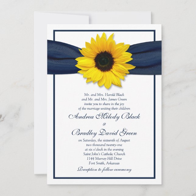 Sunflower Navy Blue Ribbon Wedding Invitation (Front)