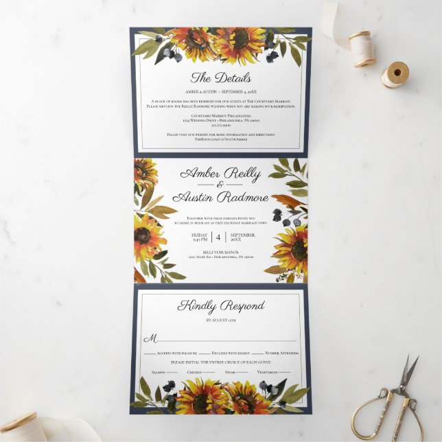 Sunflower Navy Blue Wedding All In One Invitation (Inside)