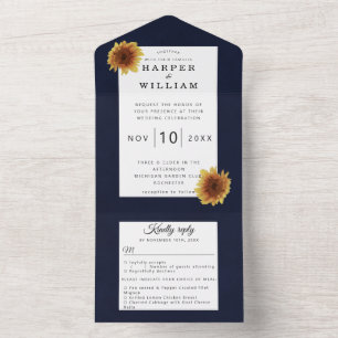 Sunflower navy blue wedding envelope all in one in invitation