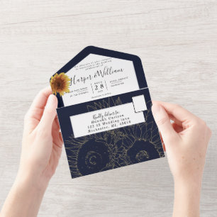Sunflower navy blue wedding envelope all in one in invitation