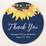 Sunflower Navy Blue Wedding Thank You Round Paper Coaster<br><div class="desc">Rustic navy blue and sunflower wedding favor coasters featuring sunflowers and string lights on a navy blue background. Perfect items for a navy blue rustic wedding party inspired by sunflower flowers. Inexpensive navy blue rustic wedding gifts, or party décor.</div>