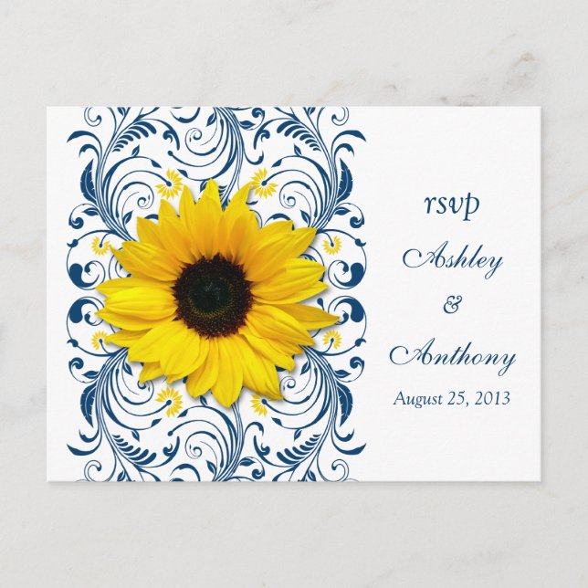 Sunflower Navy Blue White Floral Wedding Rsvp Invitation Postcard (Front)