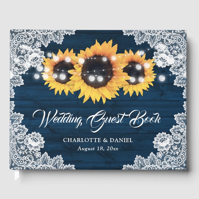 Sunflower Navy Blue Wood Floral Lace Wedding Guest Book (Front)