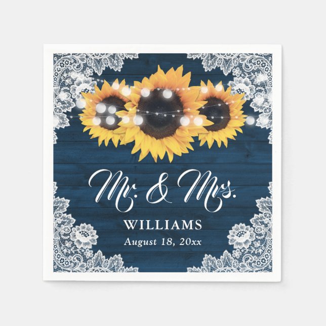 Sunflower Navy Blue Wood Floral Lace Wedding Napkin (Front)