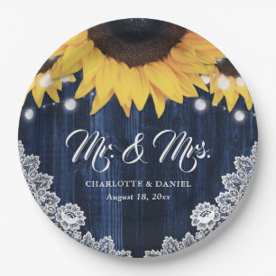 Sunflower Navy Blue Wood Floral Lace Wedding Paper Plate