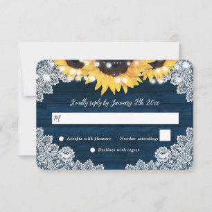 Sunflower Navy Blue Wood Floral Lace Wedding RSVP Card