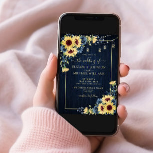 Sunflower Navy Blue Wood Floral Photo Wedding Invitation