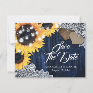 Sunflower Navy Blue Wood Lace Wedding Announcement