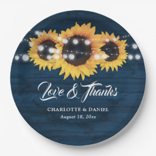 Sunflower Navy Blue Wood String Lights Wedding Paper Plate