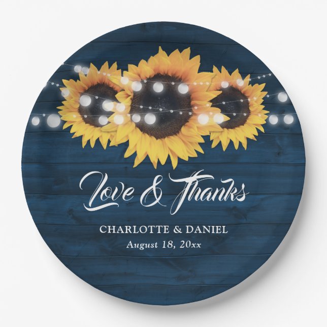 Sunflower Navy Blue Wood String Lights Wedding Paper Plate (Front)