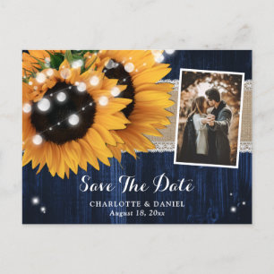 Sunflower Navy Blue Wood Wedding Photo Announcement Postcard