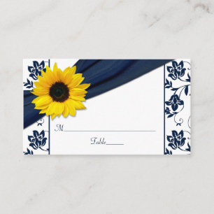 Sunflower Navy Damask Floral Wedding Place Cards